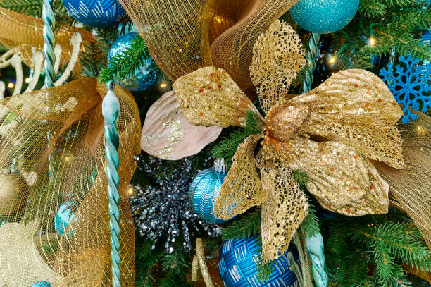 istock Christmas tree with gold and blue decorations. 2186160245