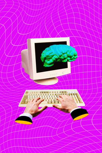 istock Vertical photo collage of hands type computer keyboard brain icon screen ai app technology smart helper isolated on painted background 2186160932