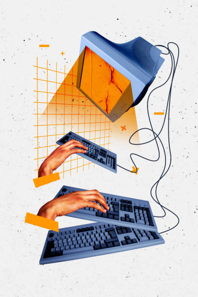 istock Sketch image trend artwork montage photo collage of cyberspace hand type write data keypad press button computer monitor wire technology 2186162053