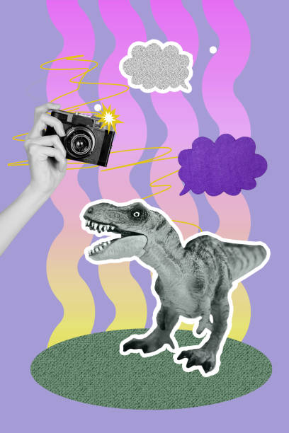 3D collage trend artwork composite sketch poster of hand hold camera journalist mind cloud speech chatting toy dinosaur walk animal
