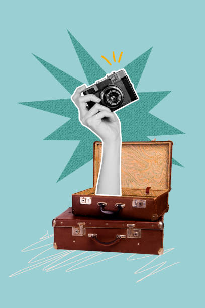 istock Creative artwork template sketch image 3D collage of travel summer moving trip baggage bag anonymous hand appear hold camera shooting 2186162445