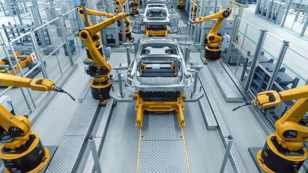 istock Autonomous Factory with Robotic Arms Autonomously Assembling Car Frames At the Factory. Artificial Intelligence, Precision Production, and Manufacturing Green Energy Electric Vehicles Plant 2186166491