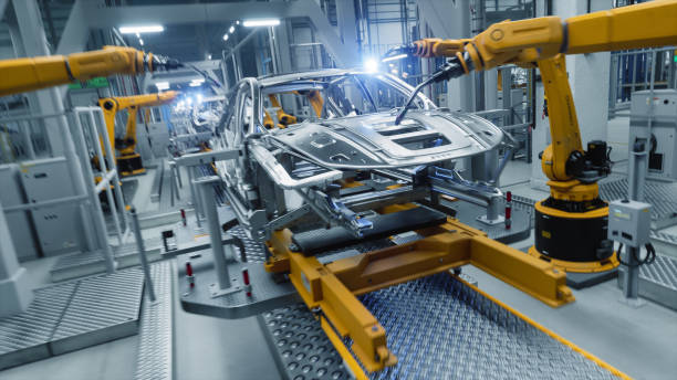 istock Autonomous Factory with Robotic Arms Autonomously Assembling Car Frames At the Factory. Artificial Intelligence, Precision Production and Manufacturing of Sustainable Electric Vehicles Of the Future 2186166901