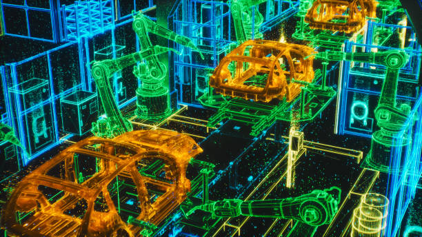 istock Advanced Robotic Arms Autonomously Assemble Car Frames in a High Tech Factory, AI and Computer Vision for Precision and Efficiency. Manufacturing Automation Technology. Concept of Virtual Vision 2186167018