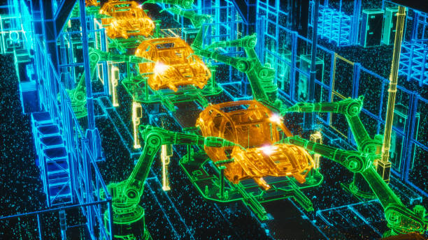 car factory digitalization industry 4.0 computer vision concept: automated robot arm assembly line manufacturing electric vehicles. ai computer vision analyzing, scanning production efficiency - digitaler zwilling stock-fotos und bilder
