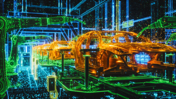 Modern automobile production line, automated production equipment. Shop for the Assembly of new modern cars. The way of Assembly of the car on the Assembly line at the plant