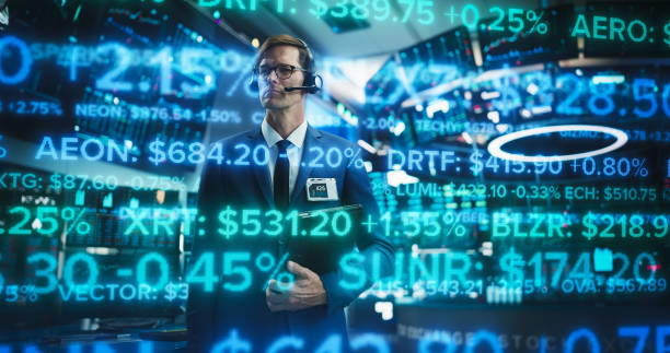 istock Stock Broker Analyses Holographic Running Ticker Line, Displaying Dynamic Stock Data Trading Floor. Illustration Content Financial Analytics and Market Information. Blue Overlay AI Fintech Data 2186170959