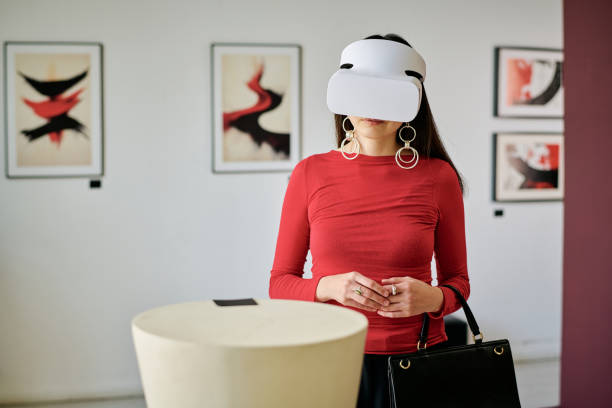 Woman Experiencing Virtual Reality in Art Gallery