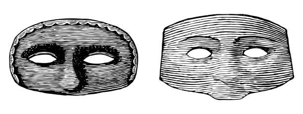 Hand drawings of two abstract vintage human masquerade mask, vector illustration isolated on white