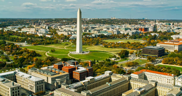 istock Helicopter Shot of the Washington Monument in Fall 2186186601