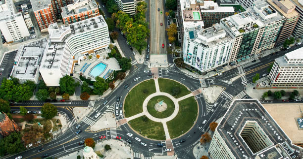 High Angle Aerial Shot of Scott Circle in Washington, D.C.
