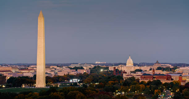 istock Washington Monument and US Capitol Building at Twilight - Aerial 2186187208