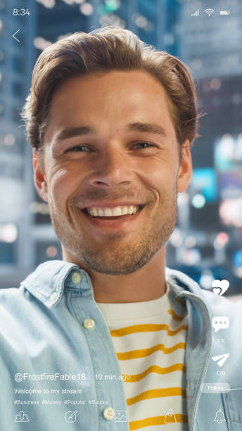 Vertical Mobile Interface: Social Media Mockup App With Caucasian Male Blogger Post From New Travel Destination. Influencer Talking To Followers. Ideal Template for Social Media Posts and Stories.