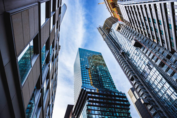 istock Low angle view on business skyscrapers, downtown Frankfurt 2186198685
