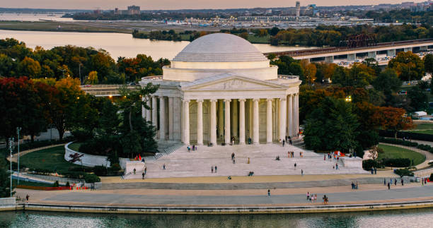 Aerial shot of the Jefferson Memorial in Washington, D.C. at sunset on a clear evening in Fall.