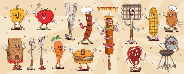Retro groovy barbeque , cartoon bbq characters set Retro groovy barbeque characters, cartoon bbq grill personages. Vector food and tools, bell pepper, tomato, meat steak and skewers, sausage, charcoal, burger and corn or potato with expressive faces meat cartoon stock illustrations
