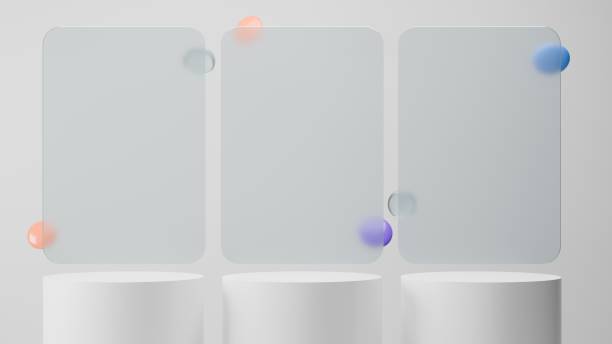 istock Cylinders podiums on a white background with abstract translucent panels. 3D rendering. 2186212122