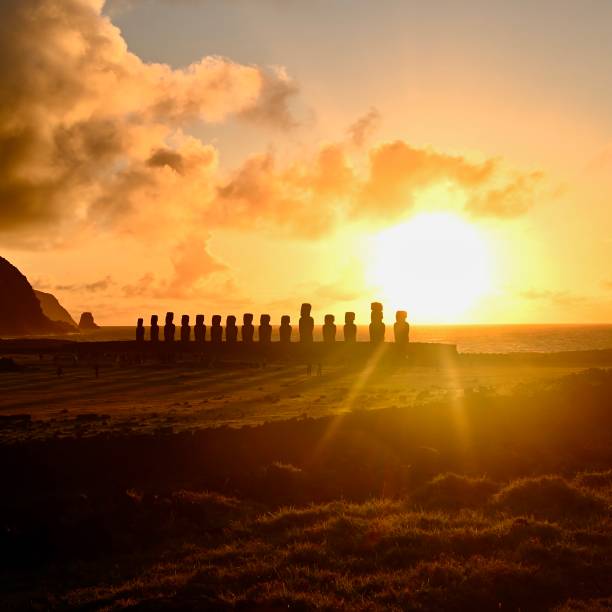 Rapa Nui (Easter Island) Moai at Tongariki beach at sunrise