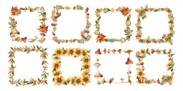 Autumn frames with leaves, mushrooms, flower, insect and animal. Watercolor hand drawn floral isolated illustration set Autumn frames with leaves, mushrooms, flowers, insect and animal. Watercolor hand drawn floral isolated illustration set for fall design, cozy cards, print, floral labels, kitchen textile, home decor ladybug frame border clip art stock illustrations