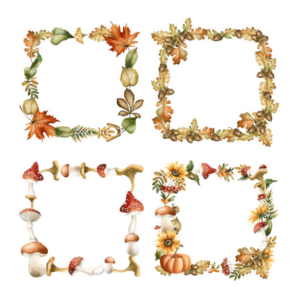 Autumn frames with leaves, mushrooms, flower, insect and animal. Watercolor hand drawn floral isolated illustration set Autumn frames with leaves, mushrooms, flowers, insect and animal. Watercolor hand drawn floral isolated illustration set for fall design, cozy cards, prints, labels, tags, kitchen textile, home decor ladybug frame border clip art stock illustrations