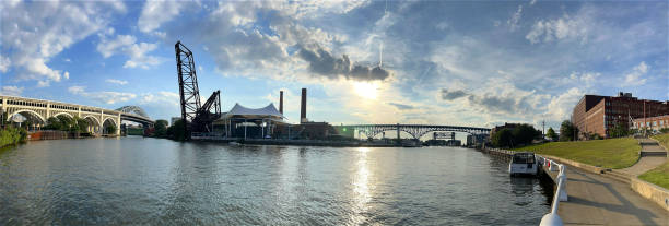 Panoramic View of Cleveland Waterfront with Cloud-Covered Sun