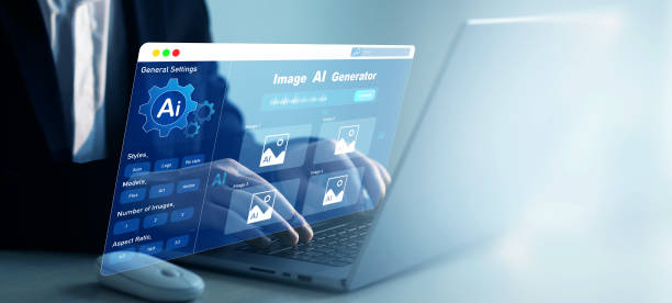 istock Person using AI software to generate images with futuristic platform user interface. Image AI generator conceptArtificial Intelligence Image Content Generator.AI image creation service technology. 2186231930