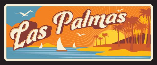 Spain Las Palmas metal travel plate and tin sign, vector signboard with coastline, Spanish community tin sign with city tagline and landmark symbol. Ship in sea or ocean, palm trees