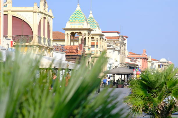 Viareggio, Tuscany, Italy. About 2021. Eclectic architecture in Viareggio. The Gran Caffè Margherita with Art Nouveau-style turrets.  Stock photos.