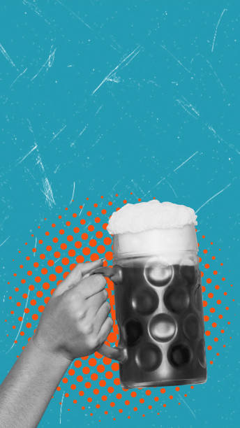 istock Modern art collage depicting a hand with a beer mug on a blue background with copy space. 2186237974