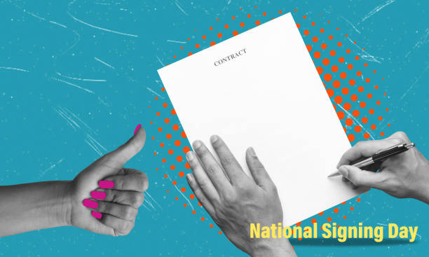 istock Modern art art collage featuring a hand with a pen, moving document. 2186238625