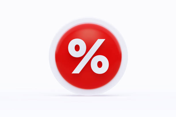 Percentage sign written circle shaped red push button on white background. Horizontal composition with clipping path.