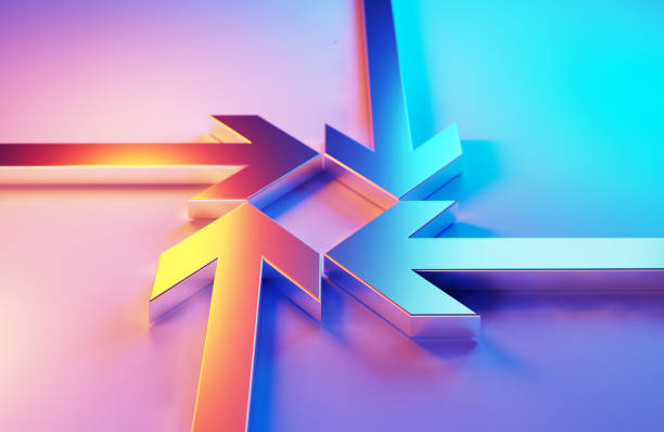 Metallic Arrow Symbols Which Are Illuminated By Blue And Magenta Lights Merge On Blue And Magenta Background Metallic arrow symbols which are illuminated by blue and magenta lights merge on blue and magenta background. Horizontal composition. pink promise stock pictures, royalty-free photos & images