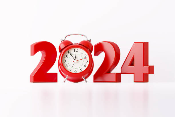 istock Red 2024 And A Red Alarm Clock On White Background 2186244951
