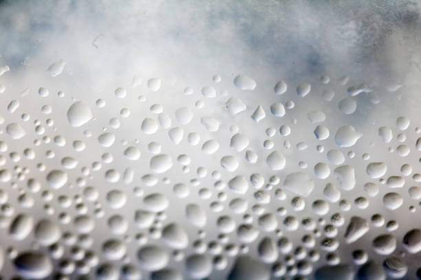Drops of water on a color background. Selective focus. Gray.