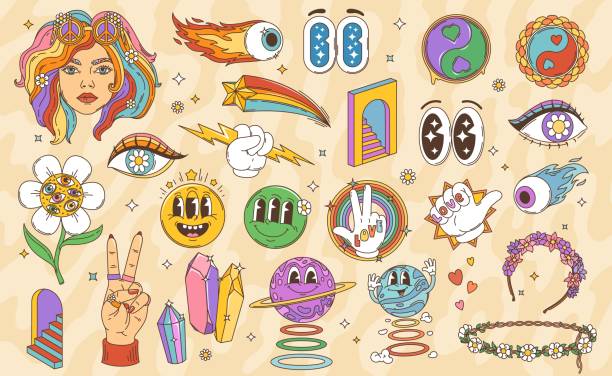 Cartoon retro groovy hippie characters and symbols. Vector psychedelic smile emojis, funky planet personages, hippy girl and peace signs. Daisy flower wreaths, trippy eyes and stairs, star, crystals