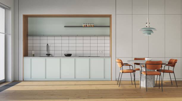 istock Studio room interior with lounge zone and cooking area furnished with sofa and dining table. Modern design solution, 3d rendering 2186284242