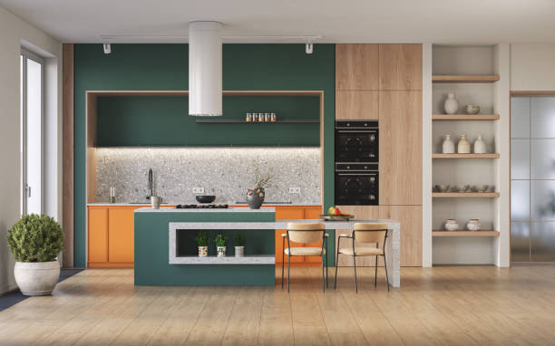 istock Studio room interior with lounge zone and cooking area furnished with sofa and dining table. Modern design solution, 3d rendering 2186284244