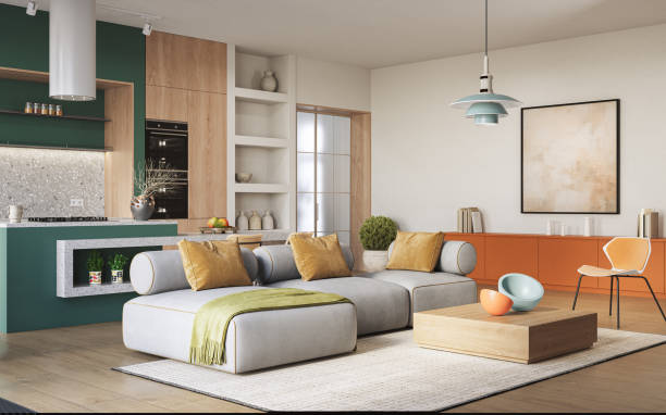 istock Studio room interior with lounge zone and cooking area furnished with sofa and dining table. Modern design solution, 3d rendering 2186284259