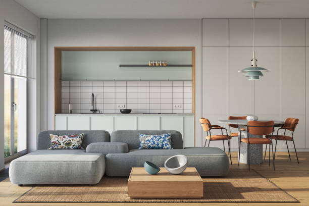 istock Studio room interior with lounge zone and cooking area furnished with sofa and dining table. Modern design solution, 3d rendering 2186284281