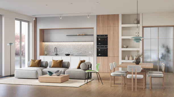 istock Studio room interior with lounge zone and cooking area furnished with sofa and dining table. Modern design solution, 3d rendering 2186284326