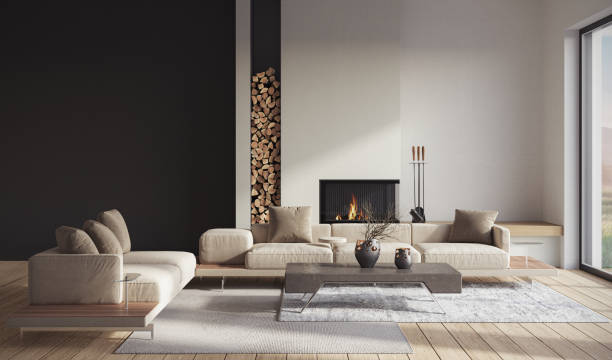 istock Minimalist living room interior with modern fireplace. Interior mockup, 3d render 2186284336