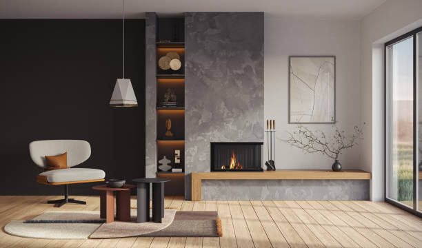 istock Minimalist living room interior with modern fireplace. Interior mockup, 3d render 2186284420