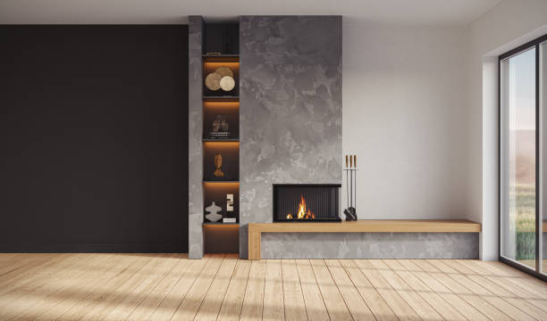 istock Minimalist living room interior with modern fireplace. Interior mockup, 3d render 2186284459