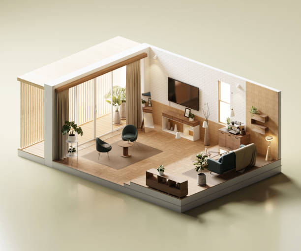 istock Isometric view living room muji style open inside interior architecture 3d rendering 2186284477