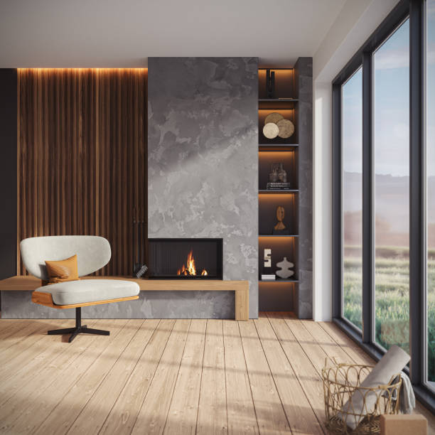 istock Minimalist living room interior with modern fireplace. Interior mockup, 3d render 2186284488