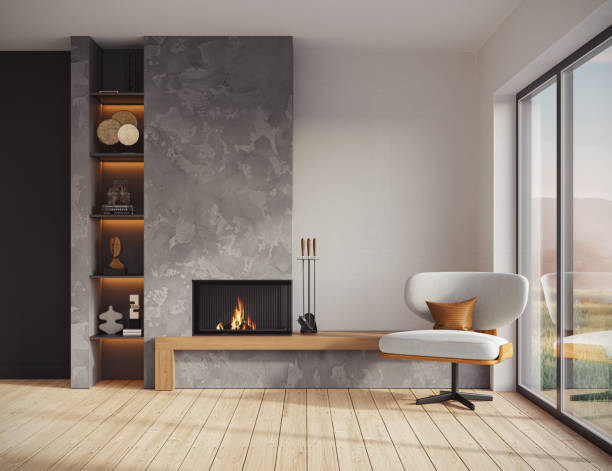 istock Minimalist living room interior with modern fireplace. Interior mockup, 3d render 2186284495