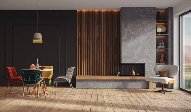 istock Minimalist living room interior with modern fireplace. Interior mockup, 3d render 2186284507