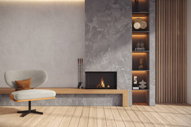 istock Minimalist living room interior with modern fireplace. Interior mockup, 3d render 2186284535