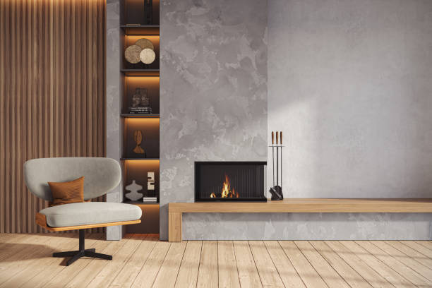 istock Minimalist living room interior with modern fireplace. Interior mockup, 3d render 2186284552
