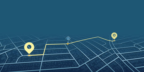 istock Abstract GPS navigation. Location tracker dashboard with data of arrive time. City street road with pins on map. Street roads and location, vector background. Huge city top view 2186294059